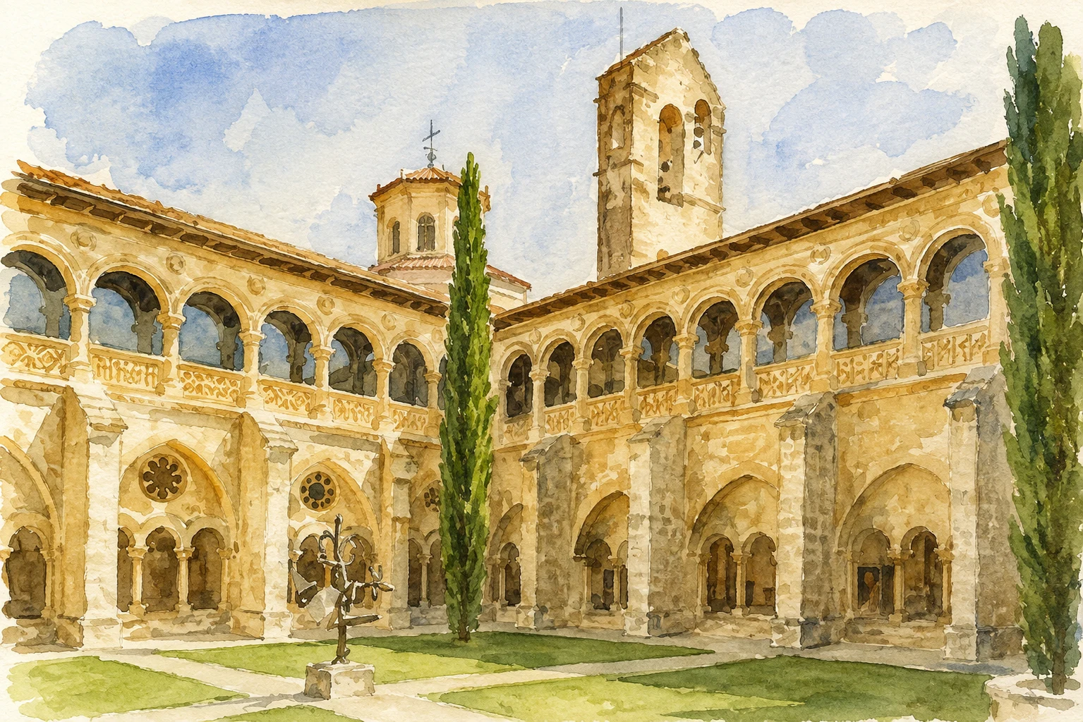 Acuarela del claustro del Monasterio de Santa María de Valbuena